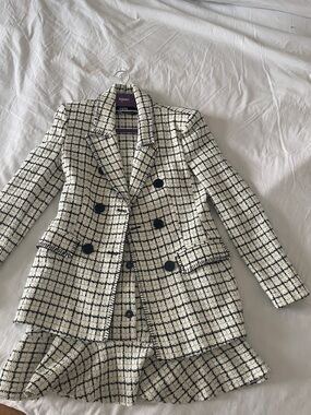 Zara Black & Cream Checked Tweed Double-Breasted Blazer